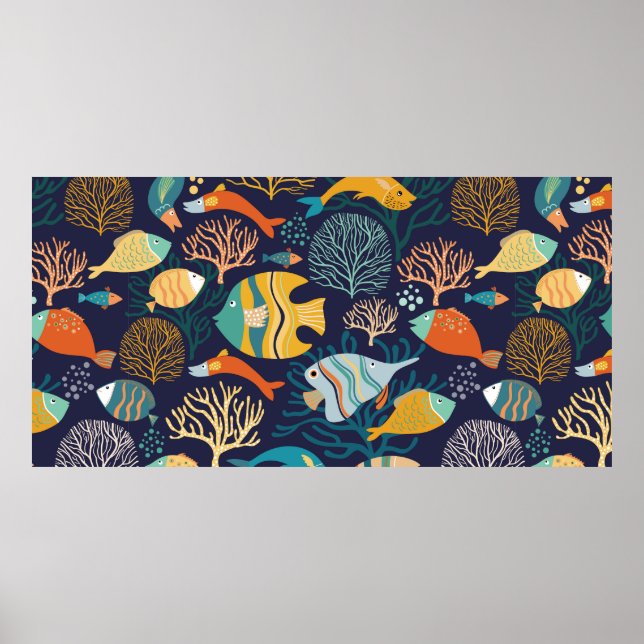 Seamless pattern with colourful fish and aquatic p poster (Front)