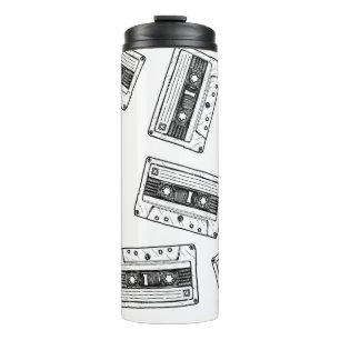 Seamless pattern with Compact Cassette in vintage Thermal Tumbler