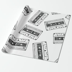 Seamless pattern with Compact Cassette in vintage Wrapping Paper