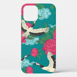 Seamless pattern with cranes and peonies. Vintage iPhone 12 Case