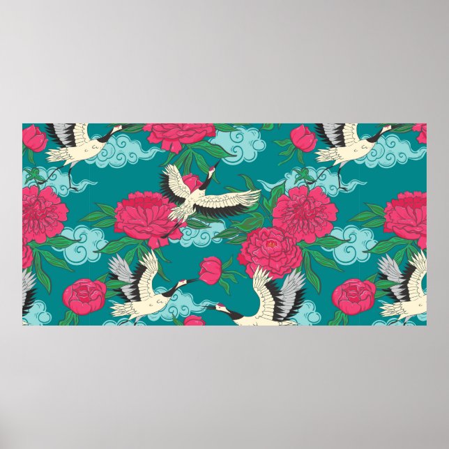 Seamless pattern with cranes and peonies. Vintage  Poster (Front)