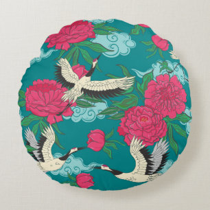 Seamless pattern with cranes and peonies. Vintage Round Cushion