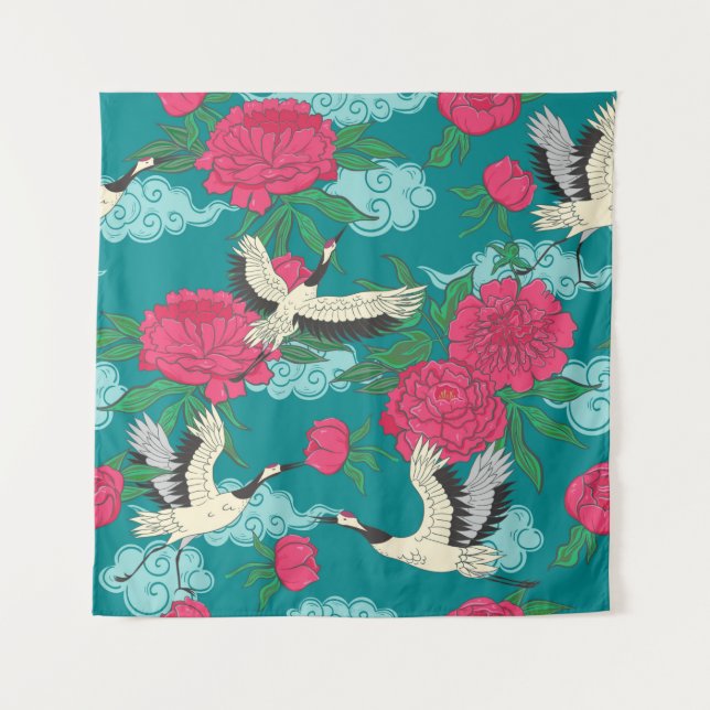 Seamless pattern with cranes and peonies. Vintage  Tapestry (Front)