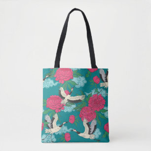 Seamless pattern with cranes and peonies. Vintage Tote Bag