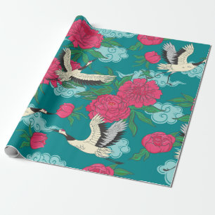 Seamless pattern with cranes and peonies. Vintage  Wrapping Paper