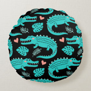 Seamless pattern with cute cartoon crocodiles round cushion