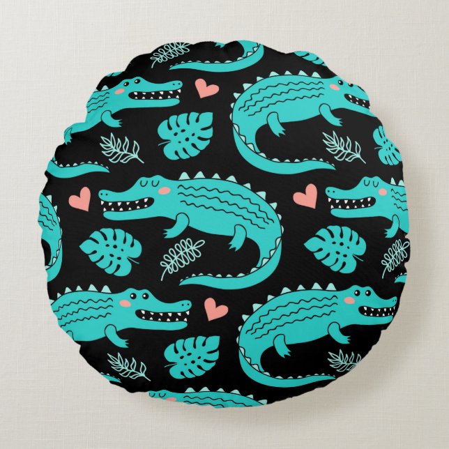 Seamless pattern with cute cartoon crocodiles round cushion (Front)