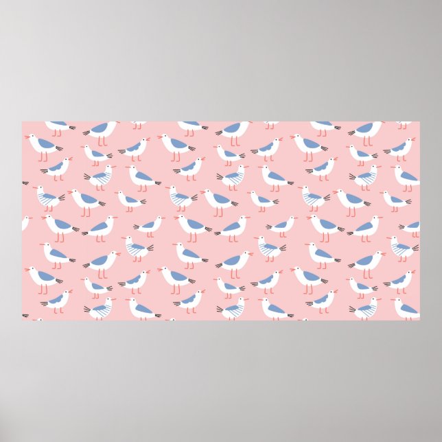 Seamless pattern with cute cartoon seagulls poster (Front)
