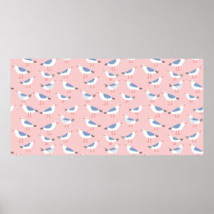 Seamless pattern with cute cartoon seagulls poster