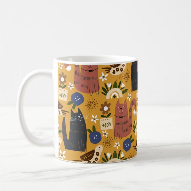 Seamless pattern with cute cats and bird. hand dra coffee mug (Left)