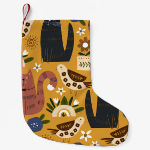 Seamless pattern with cute cats and bird. hand dra small christmas stocking