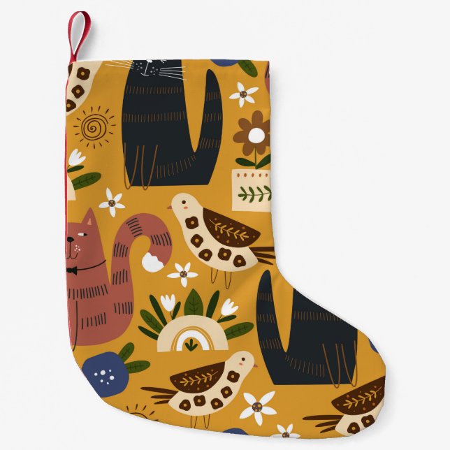 Seamless pattern with cute cats and bird. hand dra small christmas stocking (Front)