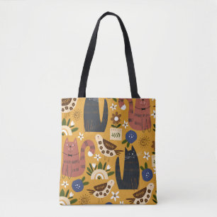 Seamless pattern with cute cats and bird. hand dra tote bag