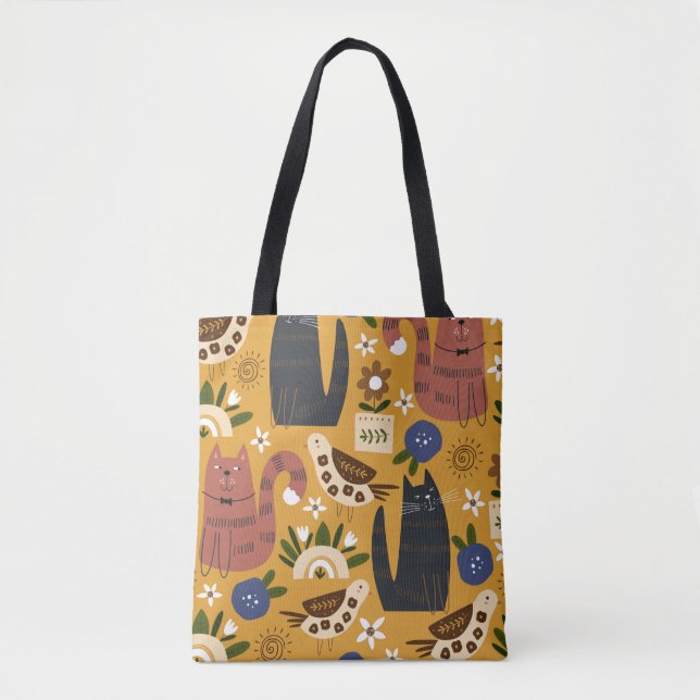 Seamless pattern with cute cats and bird. hand dra tote bag (Front)