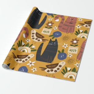 Seamless pattern with cute cats and bird. hand dra wrapping paper