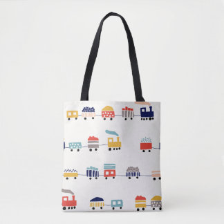 Seamless pattern with cute colour trains tote bag