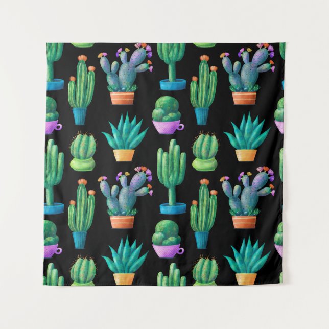 Seamless pattern with cute colourful cacti, tall,  tapestry (Front)
