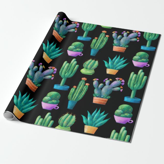 Seamless pattern with cute colourful cacti, tall,  wrapping paper (Unrolled)