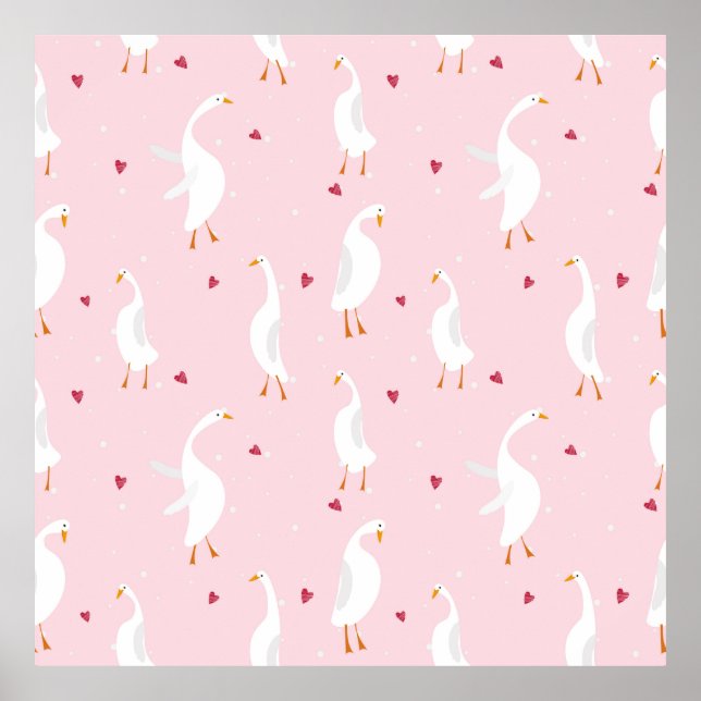 Seamless pattern with cute duck with heart on pink poster (Front)