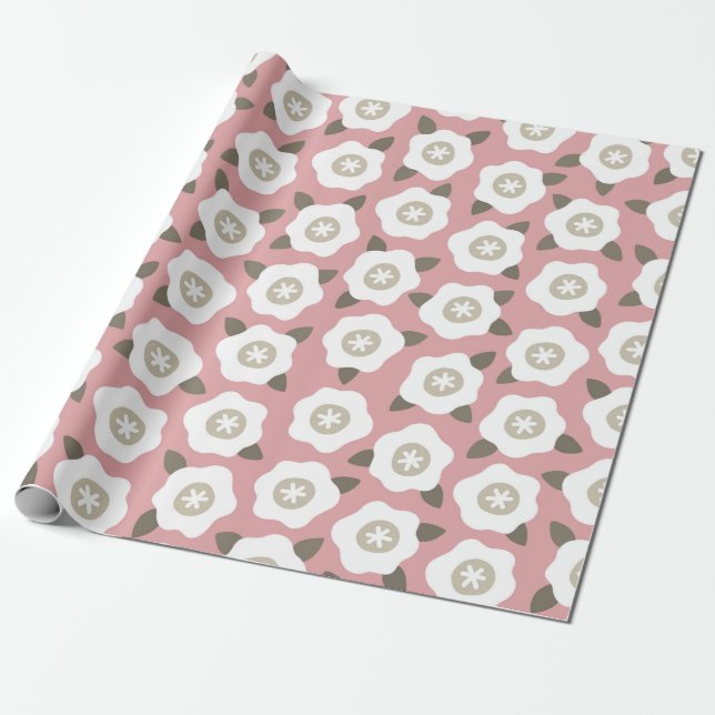 Seamless pattern with cute flowers on pink backgro wrapping paper (Unrolled)