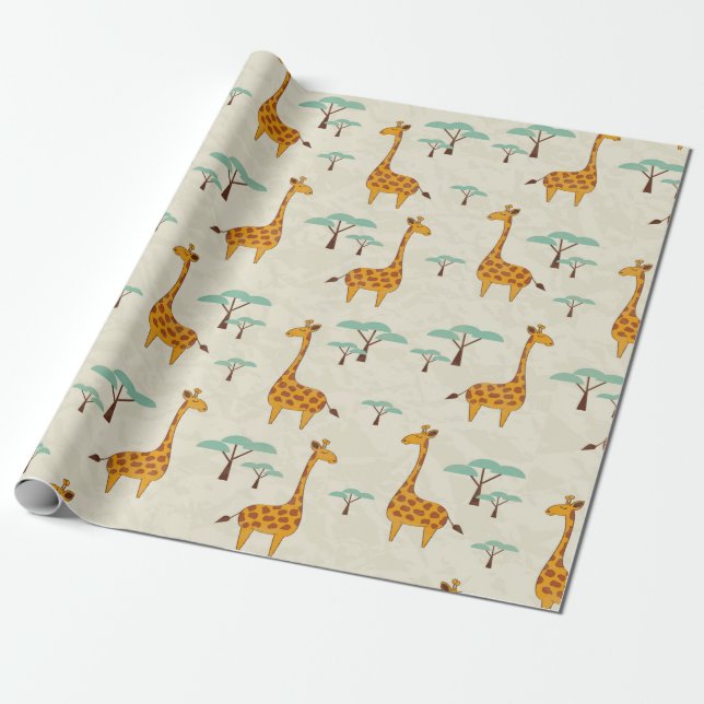 Seamless pattern with cute giraffes and trees, Vin Wrapping Paper (Unrolled)