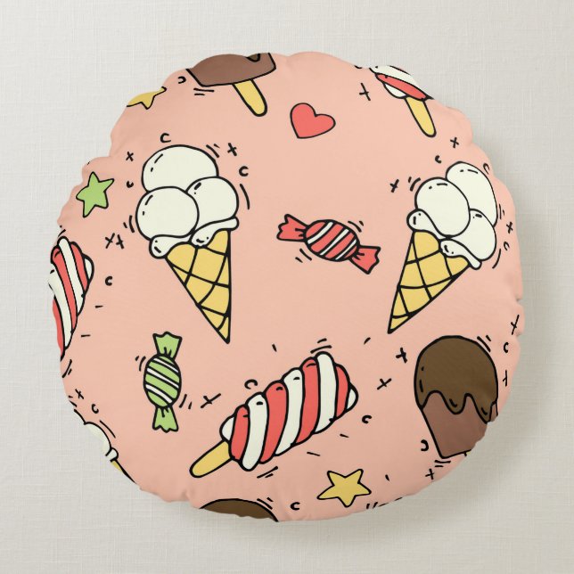 Seamless pattern with cute ice cream and lollipops round cushion (Front)