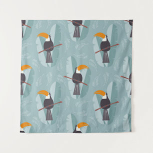 Seamless pattern with cute jungle parrot toucan on tapestry