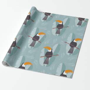Seamless pattern with cute jungle parrot toucan on wrapping paper