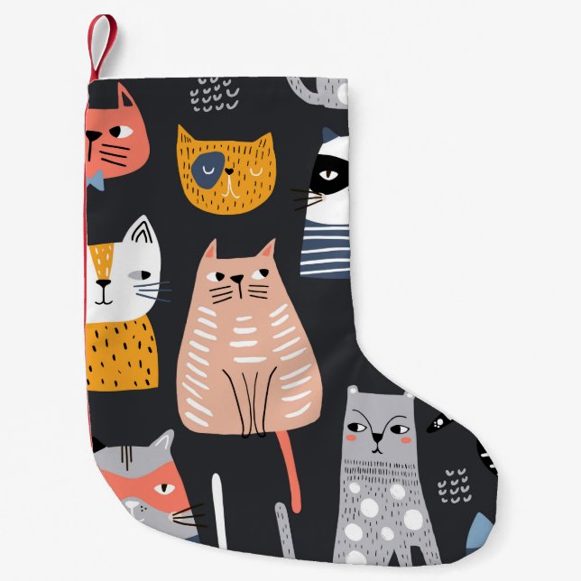 Seamless pattern with cute Kittens in diferent sty Small Christmas Stocking (Front)