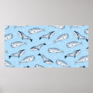Seamless pattern with cute whales and stars. Water Poster