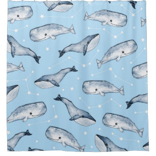 Seamless pattern with cute whales and stars. Water Shower Curtain