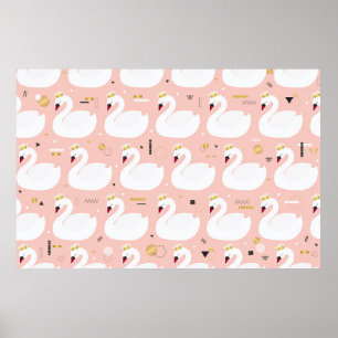 Seamless pattern with cute white swans. All elemen Poster