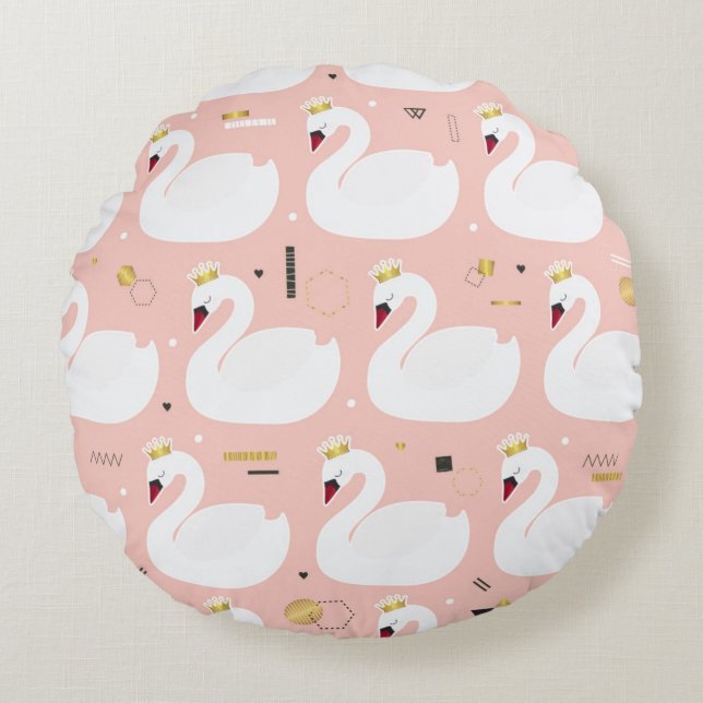 Seamless pattern with cute white swans. All elemen Round Cushion (Front)