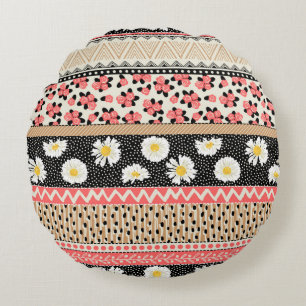 Seamless pattern with decorative flowers, patchwor round cushion
