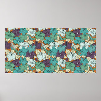 Seamless pattern with decorative summer hibiscus f poster