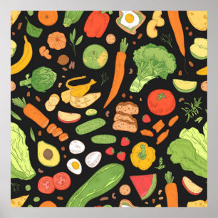 Seamless pattern with dietary food, wholesome groc poster