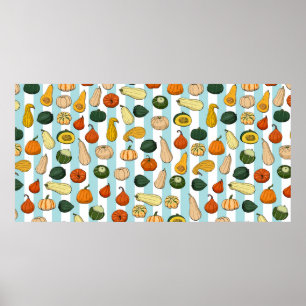 Seamless pattern with different hand drawn squashe poster
