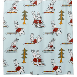 Seamless pattern with different rabbits on sleds i shower curtain