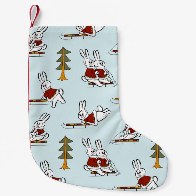 Seamless pattern with different rabbits on sleds i small christmas stocking (Front)