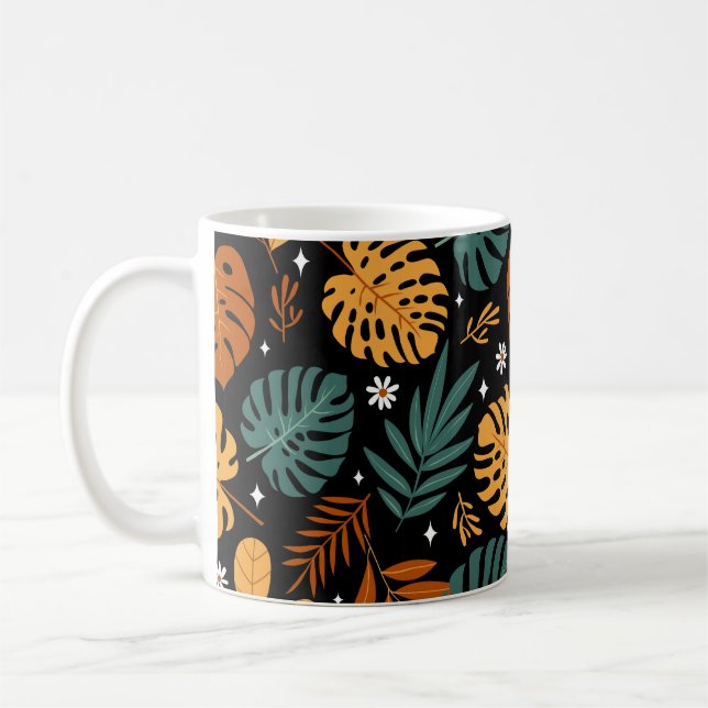 Seamless pattern with different tropical leaves an coffee mug (Left)