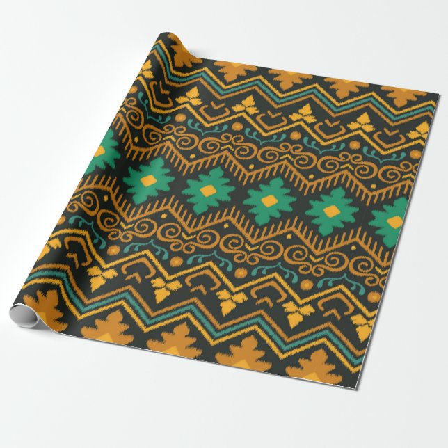Seamless pattern with embroidery. Ikat Fabric. Eth Wrapping Paper (Unrolled)