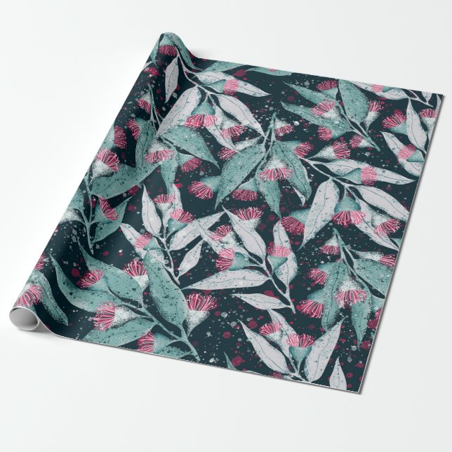 Seamless pattern with eucalyptus leaves and flower wrapping paper (Unrolled)