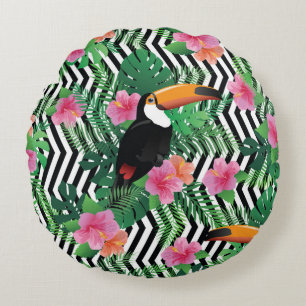 Seamless pattern with exotic hibiscus flowers touc round cushion