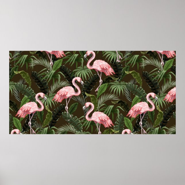 Seamless pattern with flamingo and tropical leaves poster (Front)
