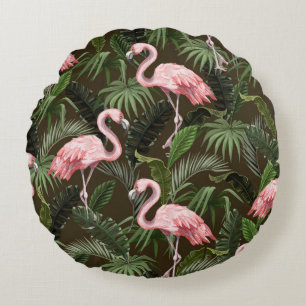 Seamless pattern with flamingo and tropical leaves round cushion