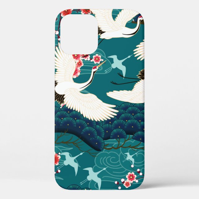 Seamless pattern with floral motives and cranescra Case-Mate iPhone case (Back)