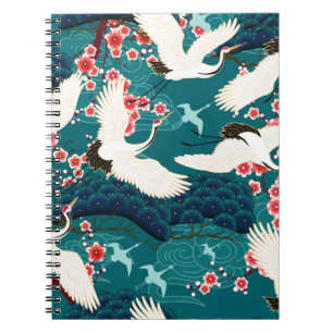 Seamless pattern with floral motives and cranescra notebook