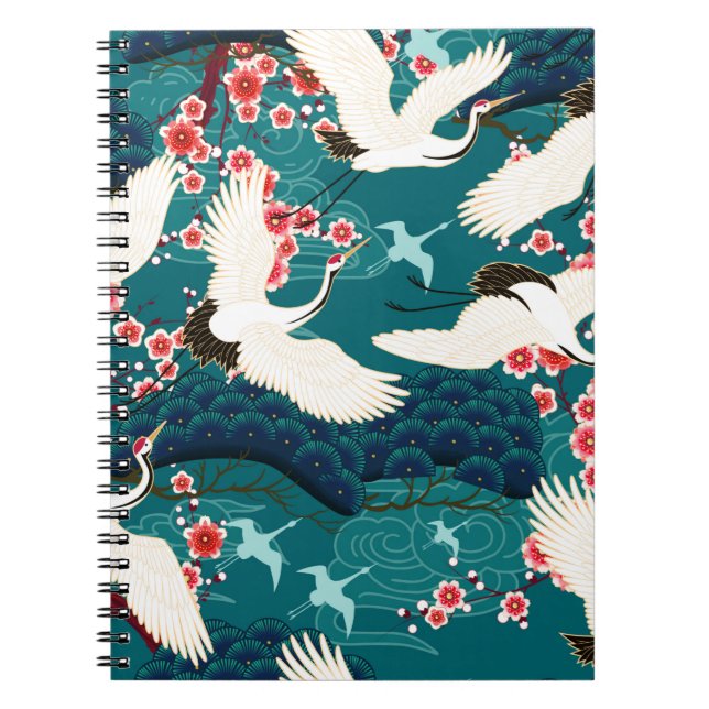 Seamless pattern with floral motives and cranescra notebook (Front)