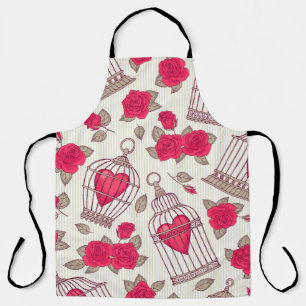 Seamless pattern with flowers and bird cages. Rose Apron