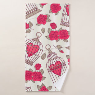 Seamless pattern with flowers and bird cages. Rose Bath Towel